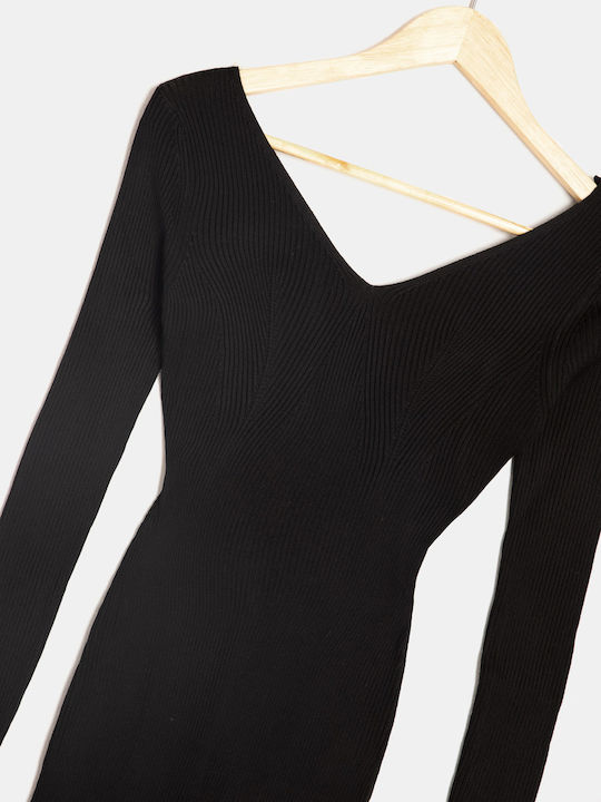 Πλεκτό Φόρεμα Maxi V Neck Μαύρο Μαύρο
