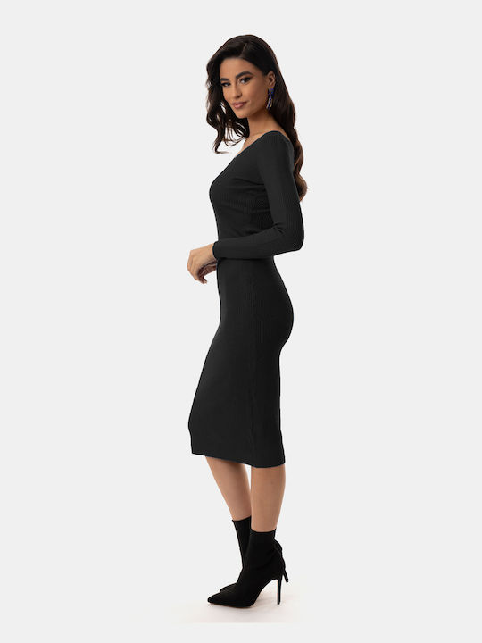 Πλεκτό Φόρεμα Maxi V Neck Μαύρο Μαύρο