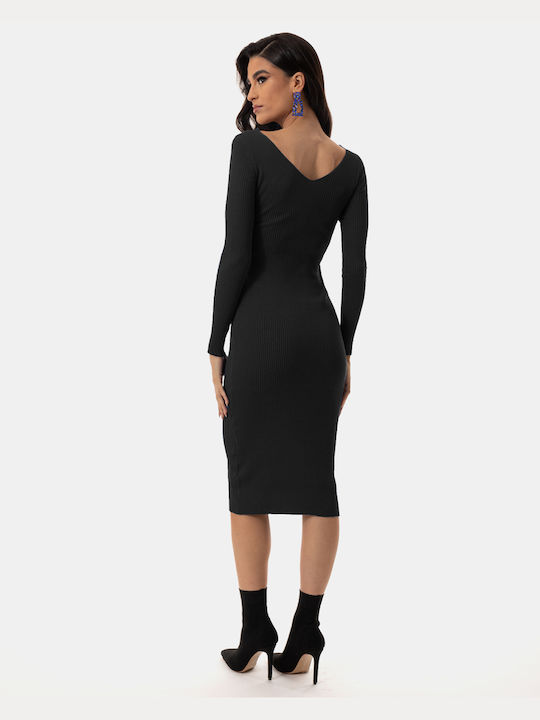Πλεκτό Φόρεμα Maxi V Neck Μαύρο Μαύρο