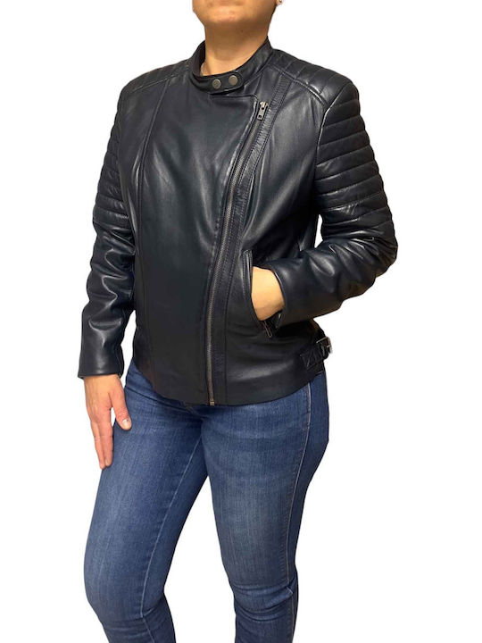 MARKOS LEATHER Women's Short Lifestyle Leather Jacket for Winter Blue