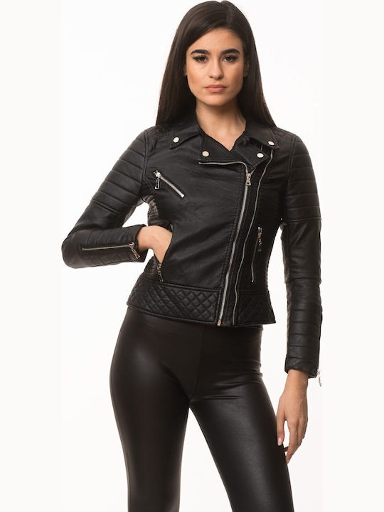 Women's Short Biker Artificial Leather Jacket for Winter Black