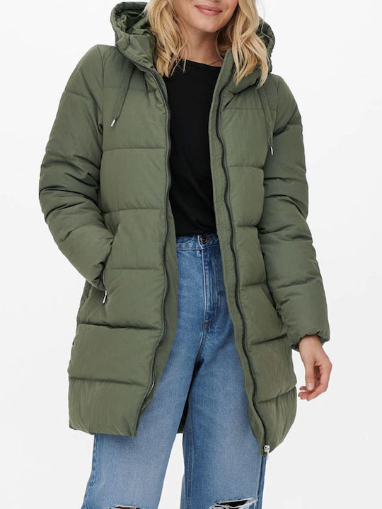 Only Women's Long Puffer Jacket for Winter with Hood Grape Leaf Olive