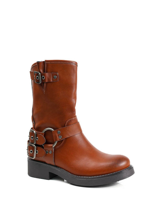 Tan Low Ankle Boots with Double Buckles