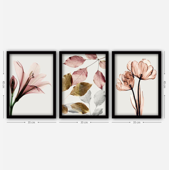 Megapap Pink Flowers Dreifach Gemälde Kunststoff 35x45cm