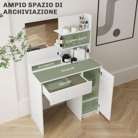 Bodenstehende Schminktisch Schlafzimmer Holz Weiß mit Spiegel & Hocker 80x40x132cm