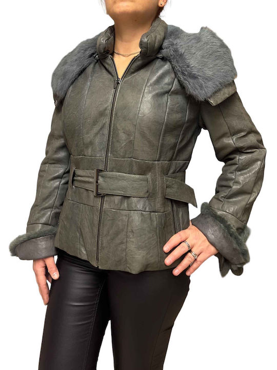 MARKOS LEATHER Women's Short Lifestyle Leather Jacket for Winter with Hood Grey