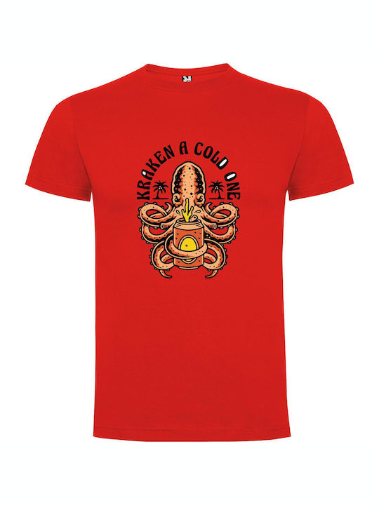 Savory Kraken Encounter T-shirt Red Cotton