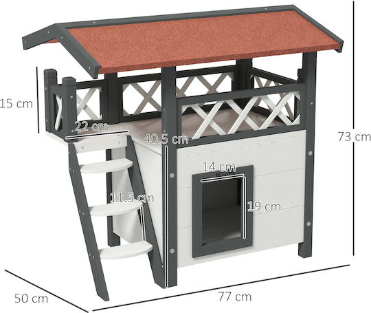 Pawhut Outdoor Cat House Veranda Wooden Ladder 77x50x73cm White Grey