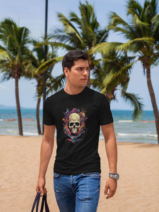 Colorful Skull Artwork T-shirt Μαύρο Βαμβακερό