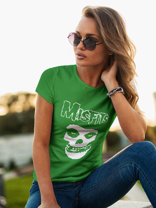 Misfits Skull Image T-shirt Green Cotton