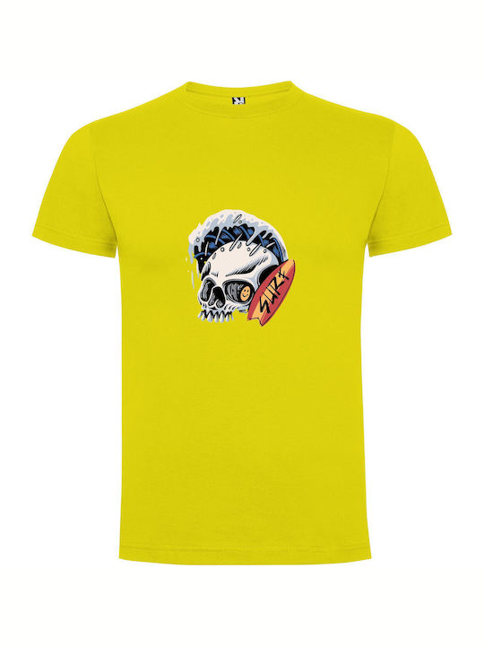 Slick Surf Skull Design T-shirt Yellow Cotton