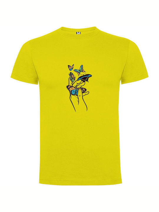 Fluttering Harmony: Hand-drawn Delight T-shirt Yellow Cotton