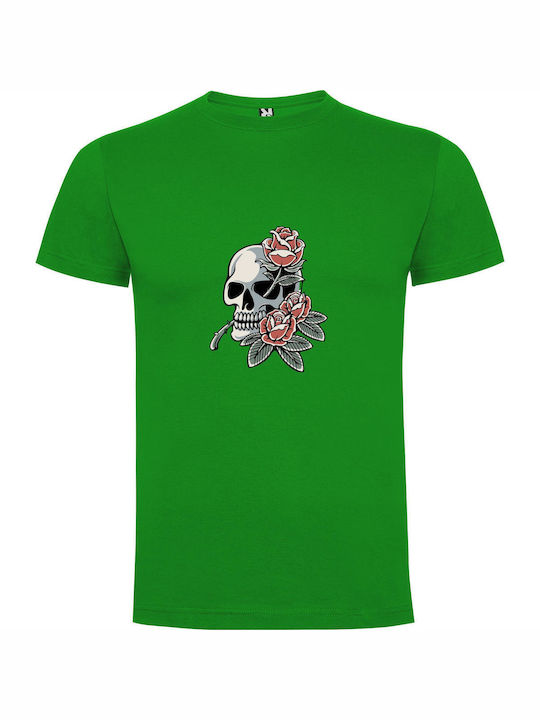 Rose Skull Artwork T-shirt Green Cotton