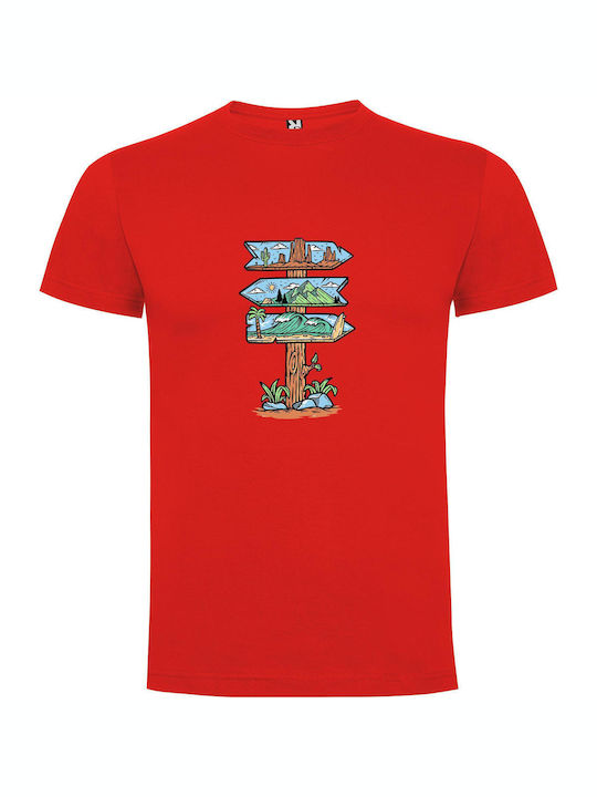 Whimsical Roadside Adventure T-shirt Red Cotton