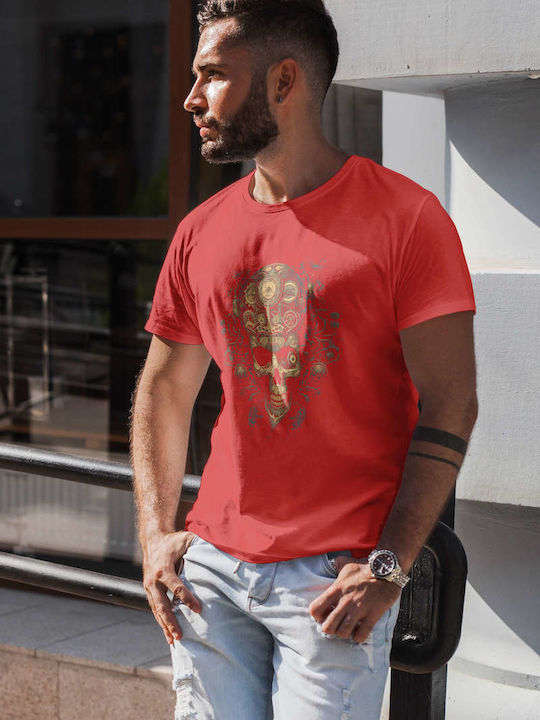 Steampunk Mechanical Skull T-shirt Red Cotton