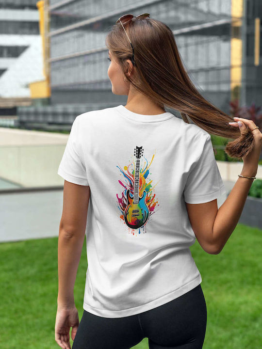 Colorful Electric Guitar Art T-shirt White Cotton