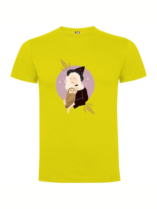 Enchanting Owl Witch T-shirt Yellow Cotton