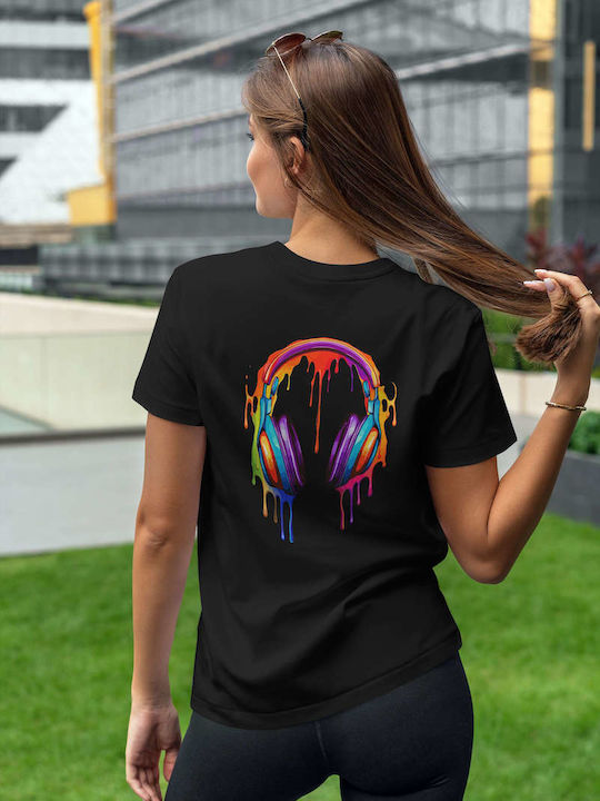 Colorful Guitar Painting T-shirt Black Cotton