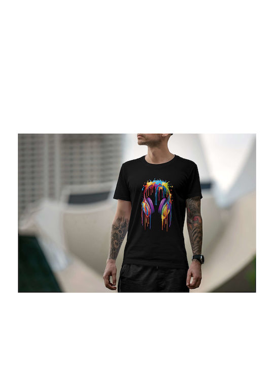 Colorful Headphones T-shirt Black Cotton