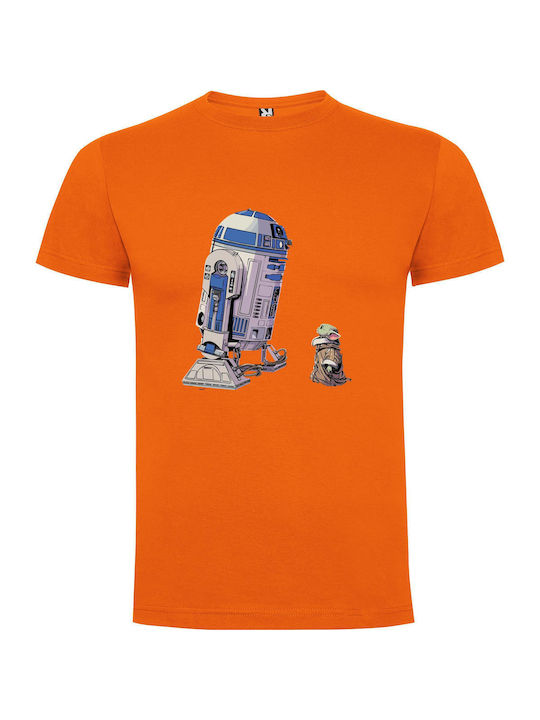 Robotic Duo: Galactic Illustration T-shirt Orange Cotton