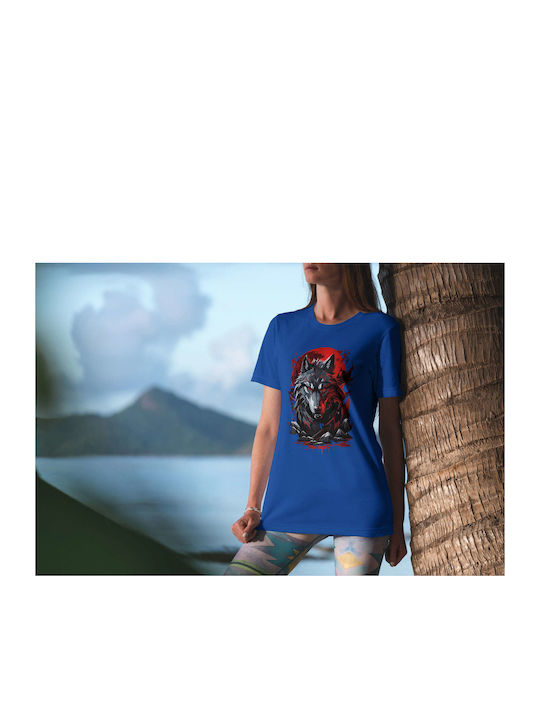 Red Moon Wolf T-shirt Blue Cotton