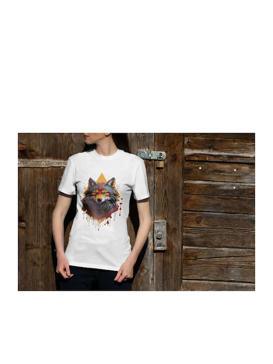 Vibrant Abstract Wolf Art T-shirt White Cotton