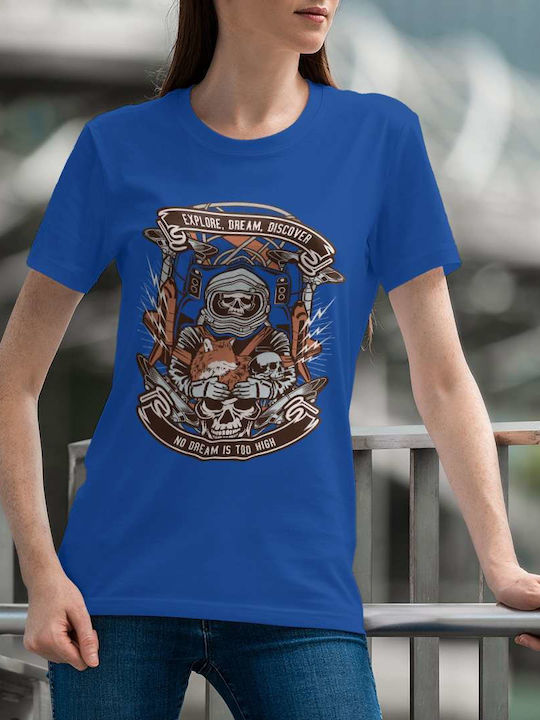 Space Exploration Skull Art T-shirt Blue Cotton