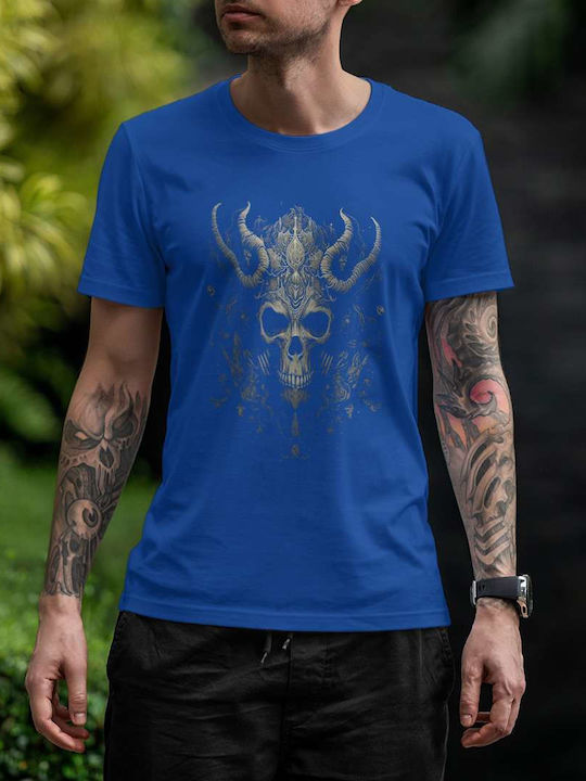 Skull With Horns Illustration T-shirt Μπλε Βαμβακερό