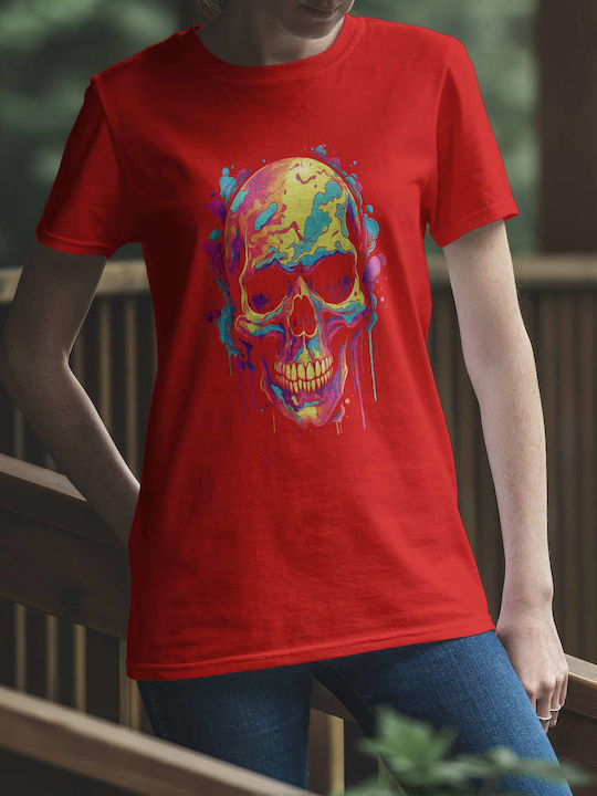 Colorful Skull Art T-shirt Red Cotton