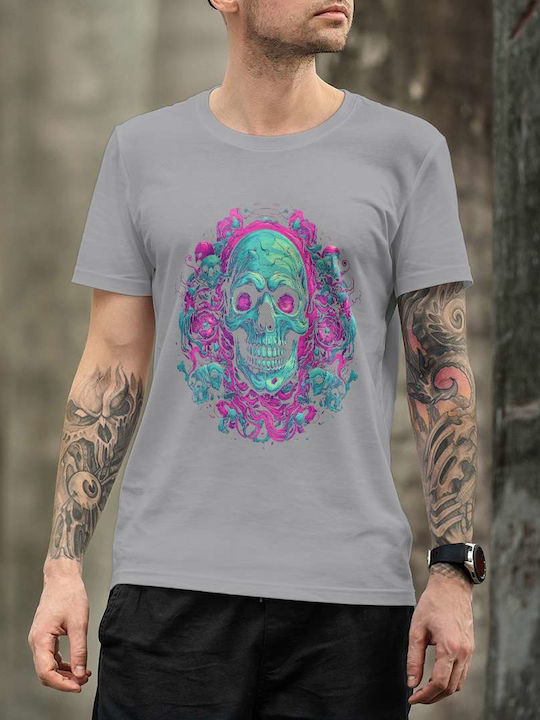 Psychedelic Skull Artwork T-shirt Gray Cotton