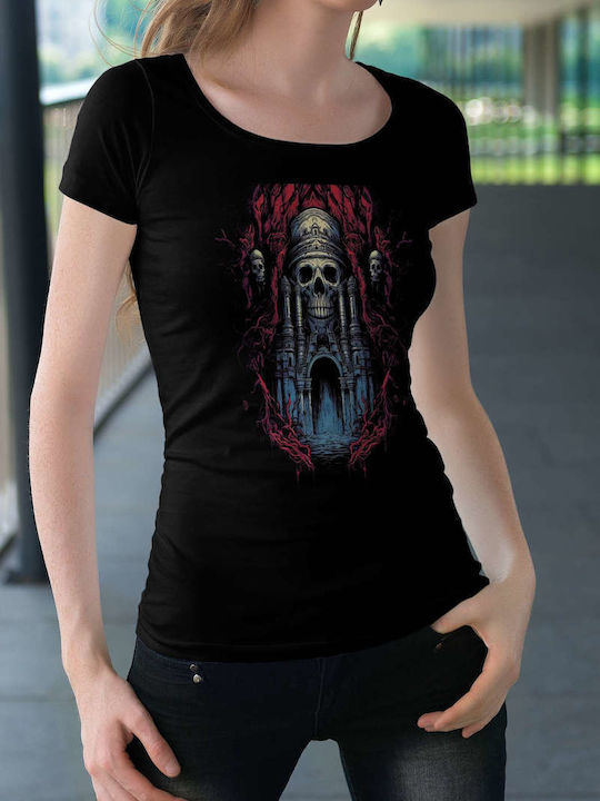 Ominous Skull Castle Art T-shirt Black Cotton