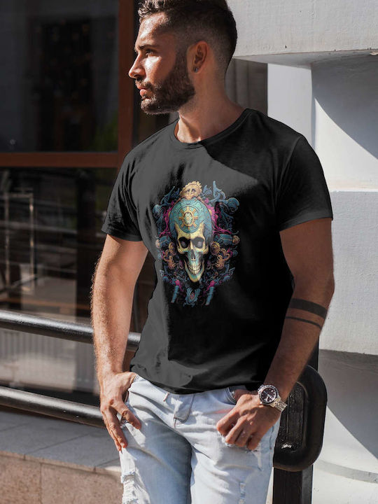 Mechanical Skull Artwork T-shirt Black Cotton