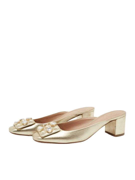 Leder Mules mit Chunky Niedrig Absatz in Gold Farbe