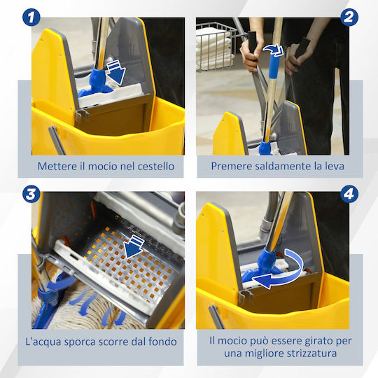 Homcom Cleaning Cart Wringer Bucket 25L Plastic PP Metal Shelf 72x49.5x95 cm Blue Yellow