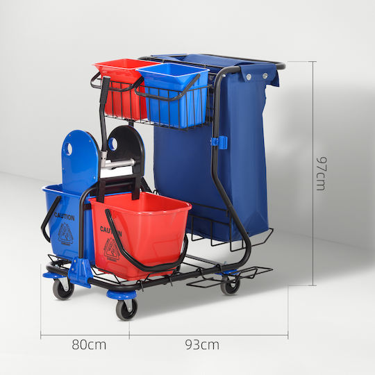 Homcom Reinigungswagen mit Müllsack, 4 Eimer, Mopppresse, 93x80x97 cm, Rot Blau Schwarz