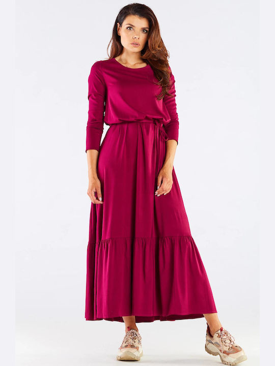 Awama A455 Maxi Evening Dress with Ruffle Burgundy A455_CLARET