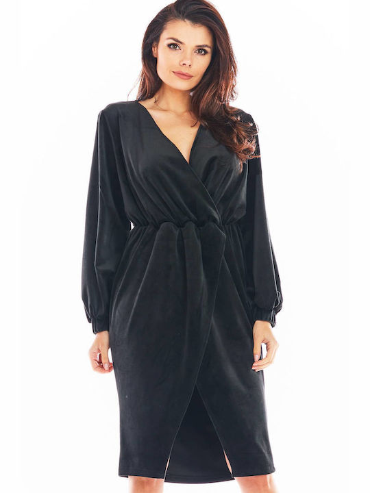 Awama Midi Rochie de Seară Catifea Înfășurați Black A406_BLACK