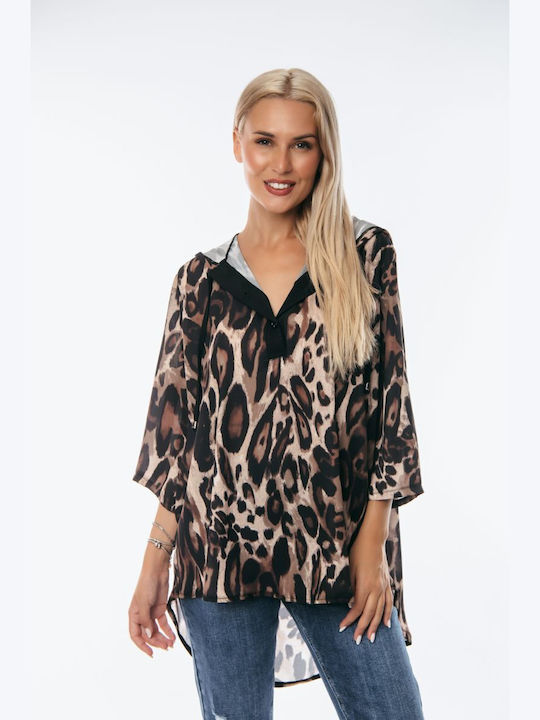 Dress Up Γυναικεία Μπλούζα με Κουκούλα Animal Print Μαύρη