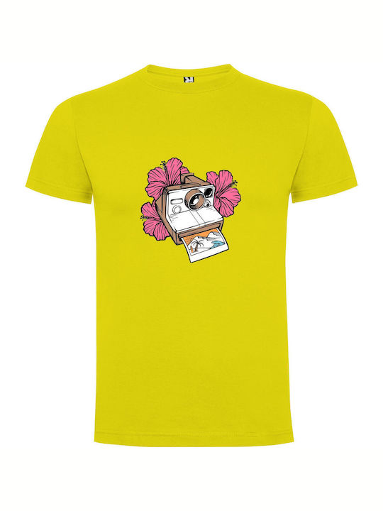 Retro Pink Camera Illustration Tricou Galben Bumbac