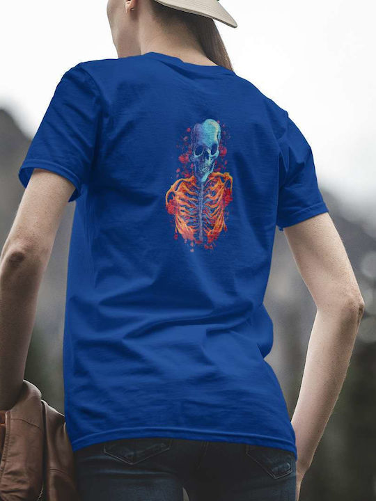 Vivid Skeleton Artwork T-shirt Blue Cotton