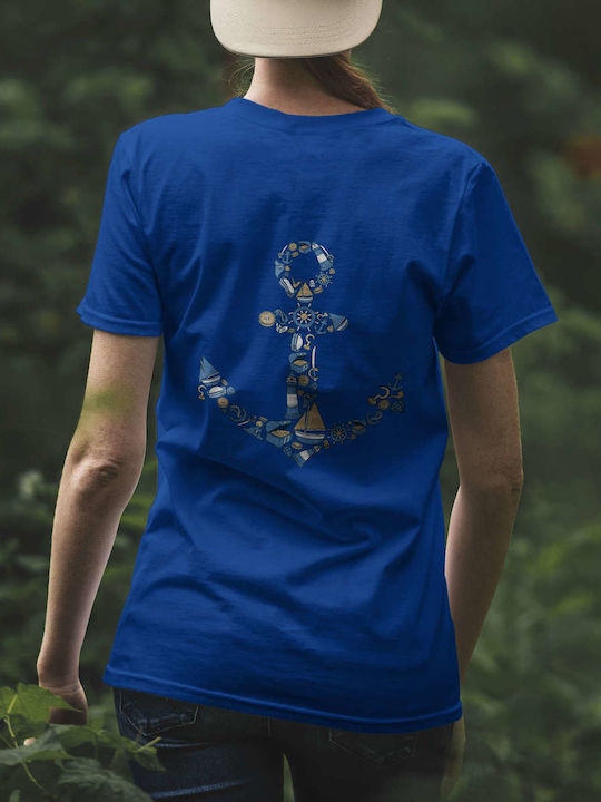 Nautical Anchor Illustration T-shirt Blue Cotton