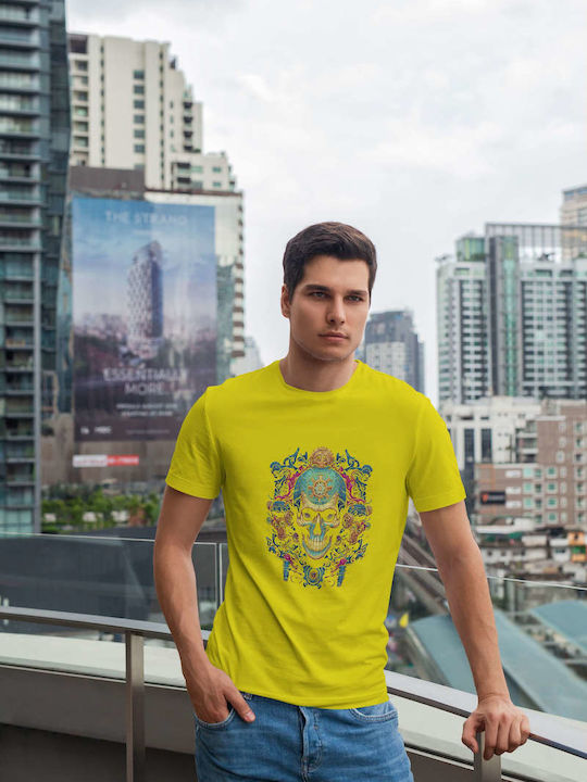 Mechanical Skull Artwork T-shirt Κίτρινο Βαμβακερό