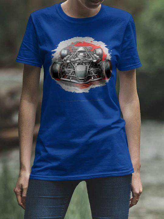 Race Car Vintage Art T-shirt Blue Cotton