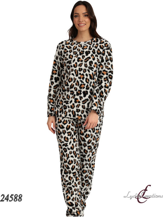 Lydia Creations Χειμερινό Γυναικείο Σετ Πιτζάμας Fleece Πολύχρωμο