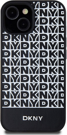 Dkny PU-Leder Hülle mit wiederholtem Muster und unterem Streifen für MagSafe iPhone 15 Schwarz