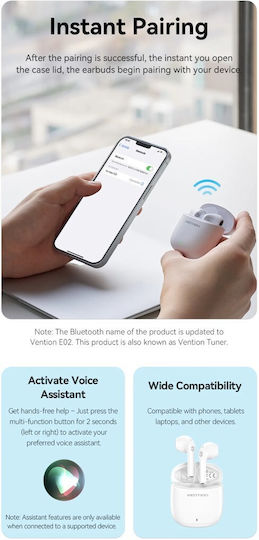 Vention ELF E02 Earbud Bluetooth Handsfree Ακουστικά με Θήκη Φόρτισης Λευκά