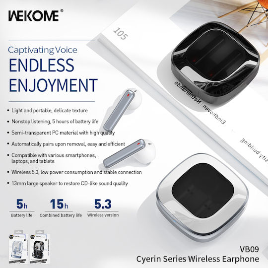 WK VB09 Cyerin Series Earbud Bluetooth Handsfree Ακουστικά με Θήκη Φόρτισης Λευκά