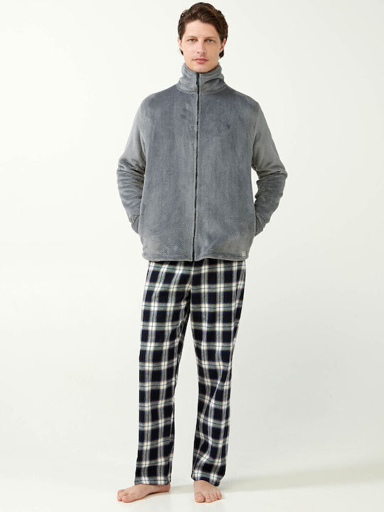 Vamp Χειμερινή Ανδρική Ρόμπα Fleece Gray