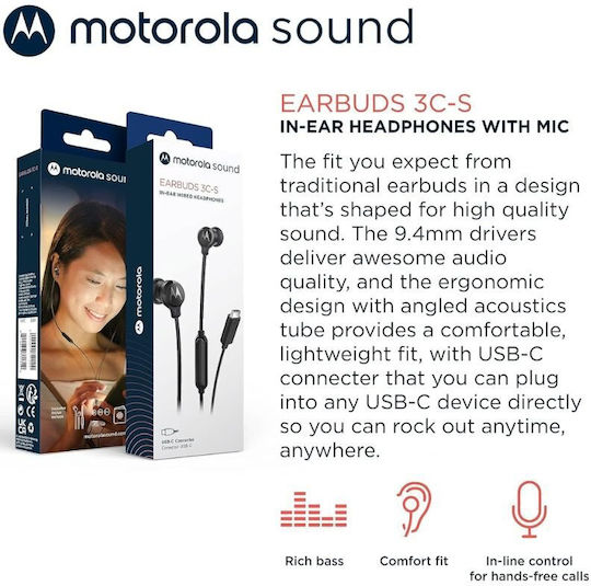 Motorola Earbuds 3cs Earbuds Handsfree Headphones with Connector USB-C Black