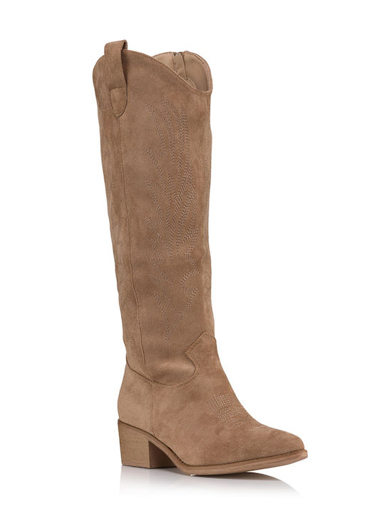 Mellisa Suede Cowboy Boots with Zipper Khaki